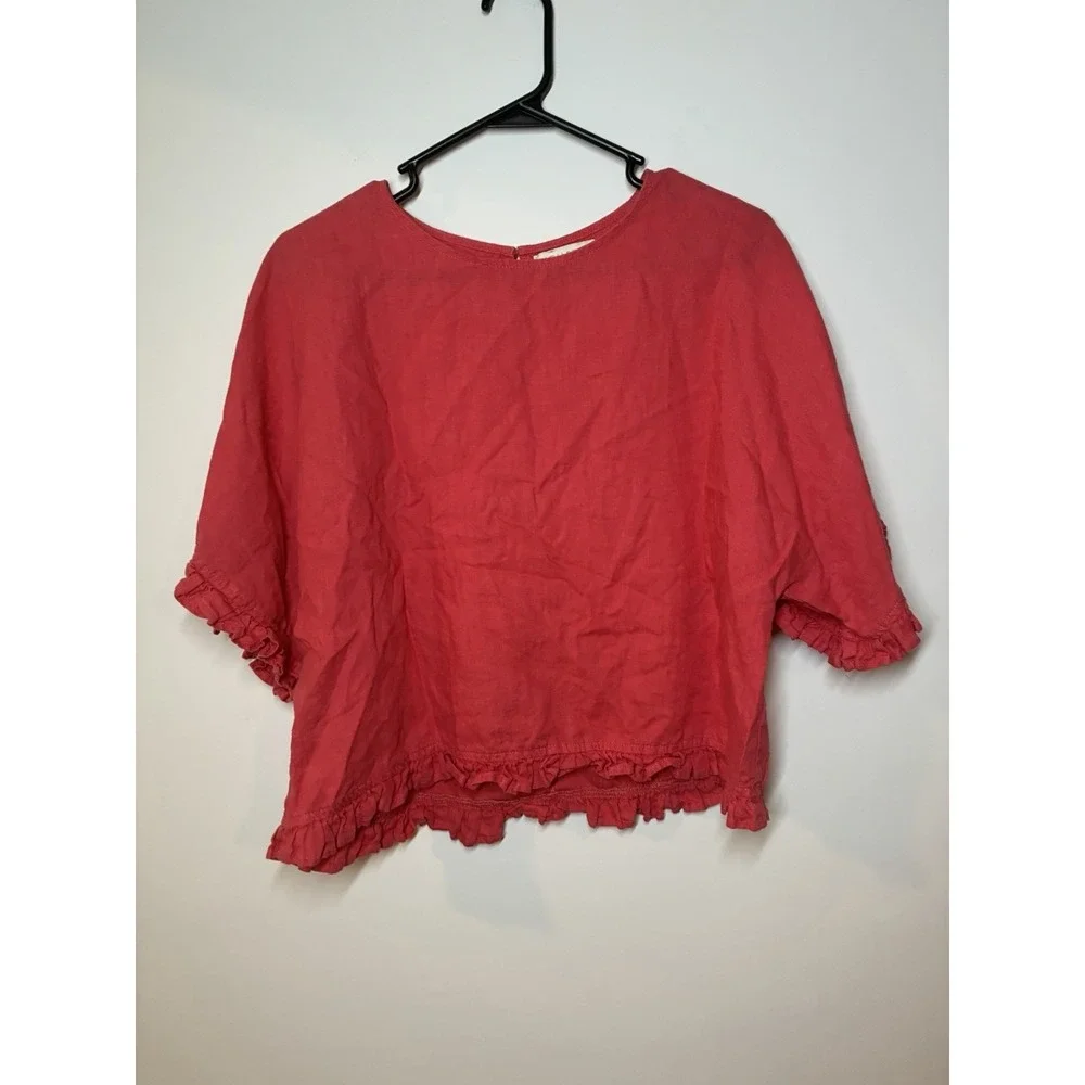 Cynthia Rowley ruffled linen blouse in a coral pink Boxy Crop Top Small